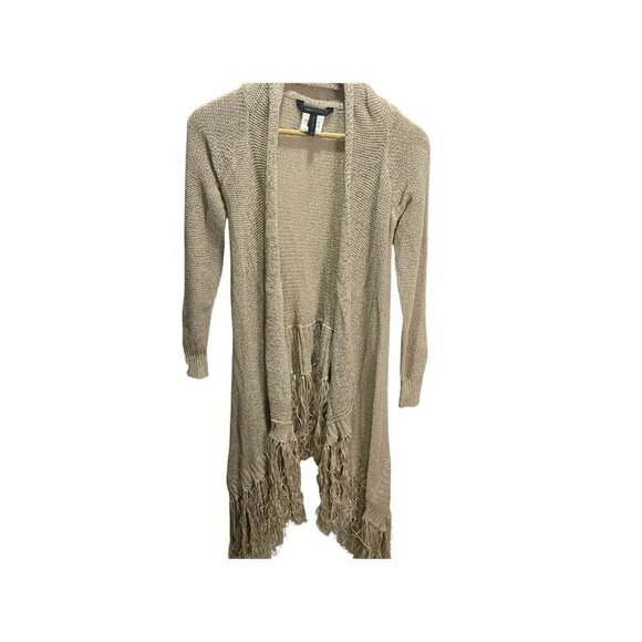 BCBG MAXAZRIA Women’s Sweater Open Front   Cardigan BoHo Fringed Beige XXS - Picture 1 of 5